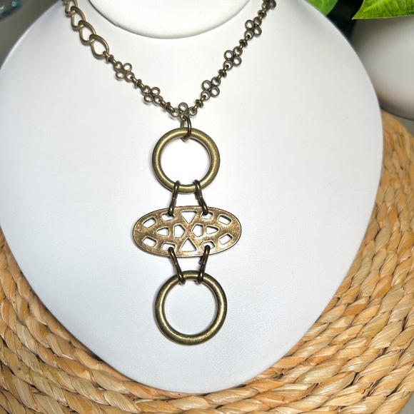 Captivating PERCH Brand Brass Geometric Art Deco Necklace, 18”-21” - Picture 1 of 11